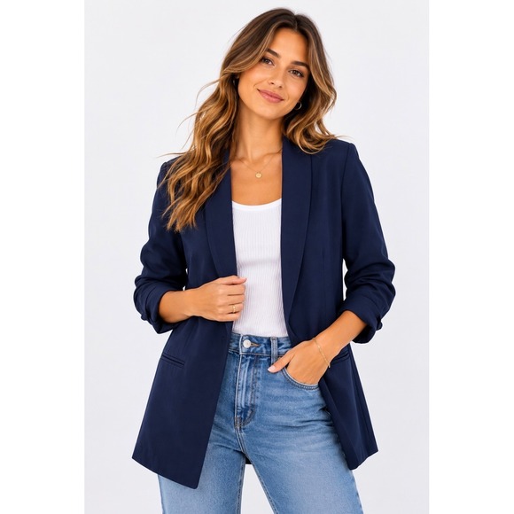 VENUS Jackets & Blazers - Venus Womens Navy Blue Open Front Ruched 3/4 Sleeve Shawl Collar Blazer Size 6